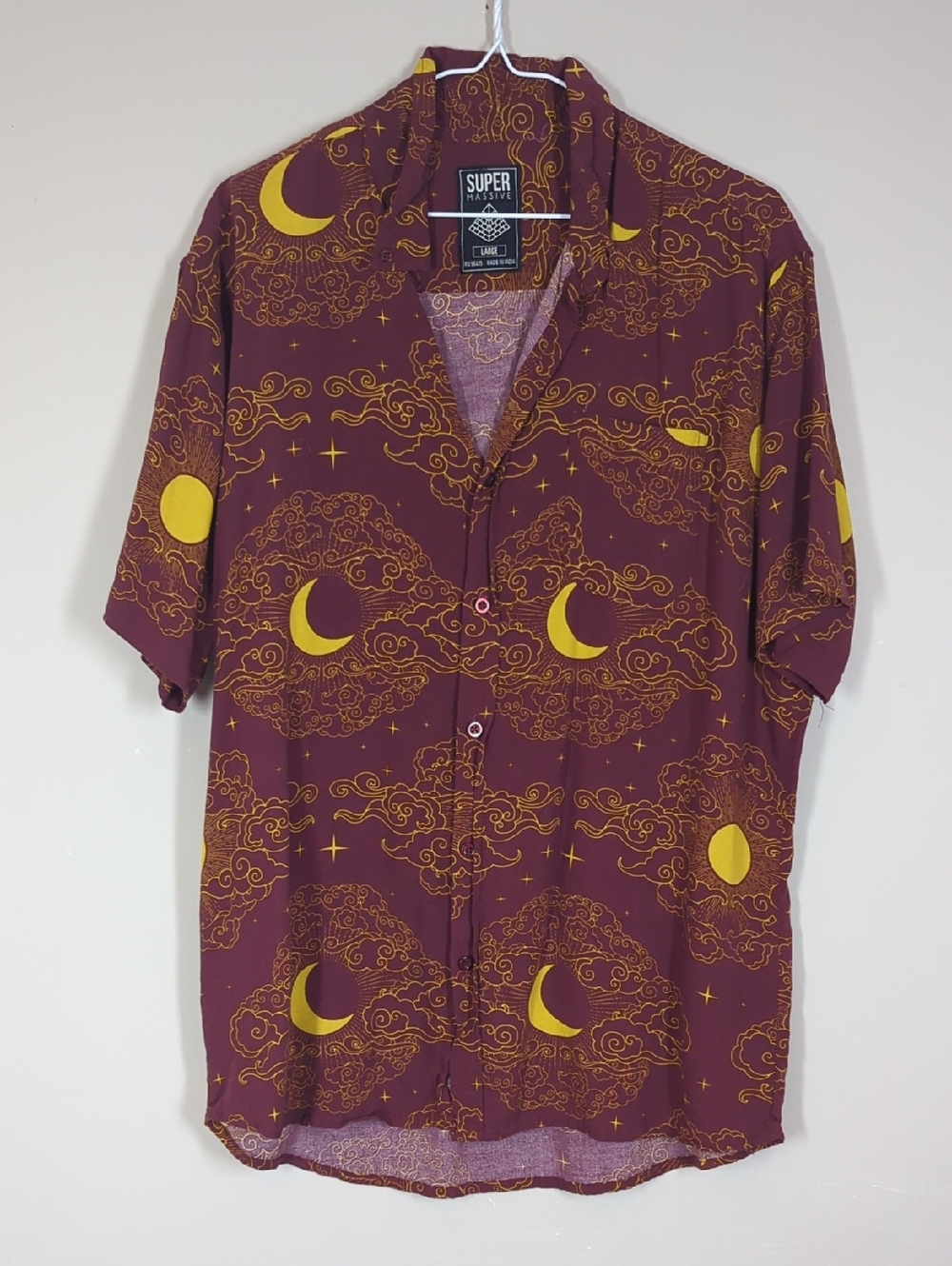 Super Massive Men's Maroon Moon-Print Short Sleeve Shirt